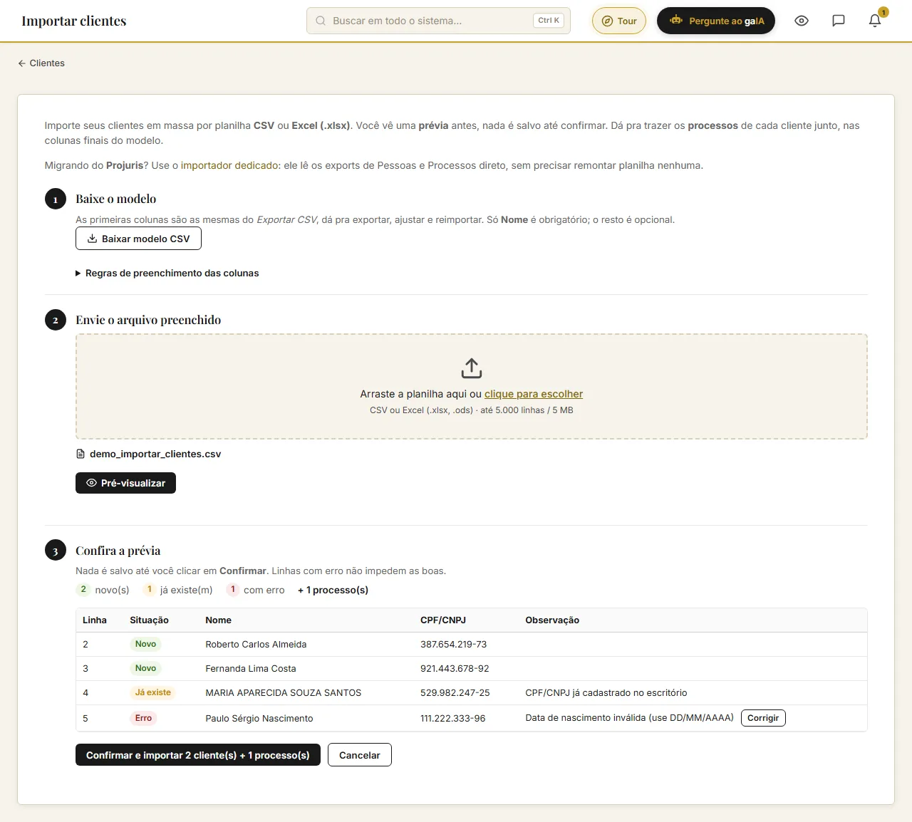 Prévia do importador de clientes do Gaia mostrando linhas novas, uma já cadastrada e uma com erro de data, antes de confirmar
