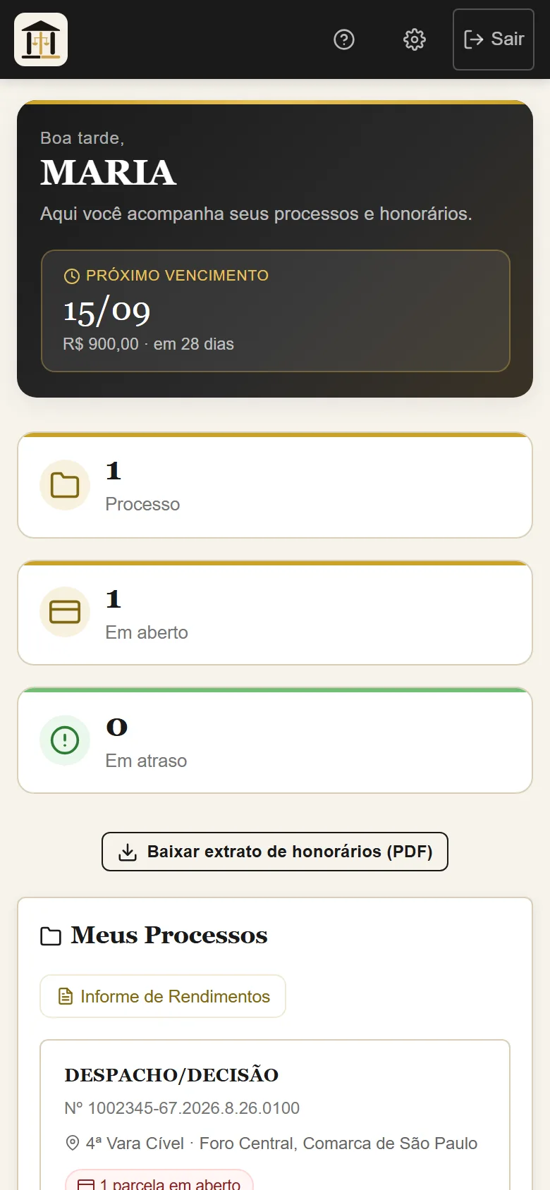 Portal do cliente do Gaia visto no celular, com processo e parcela em aberto
