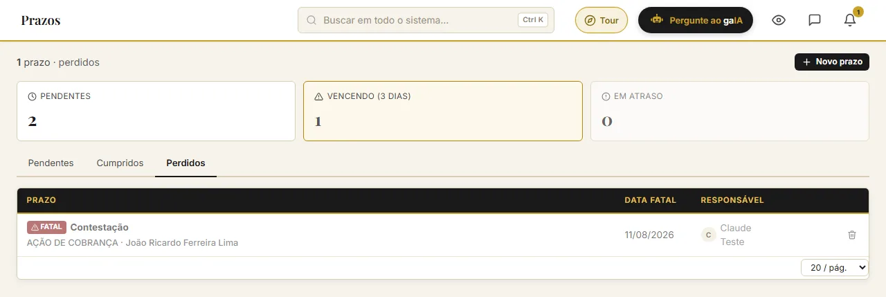 Tela de prazos do Gaia mostrando um prazo marcado como perdido, com data fatal e responsável